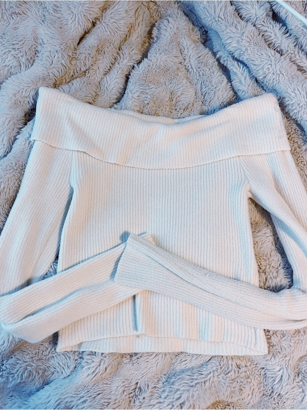 Altar'd State Cream Off-the-Shoulder Ribbed Sweater